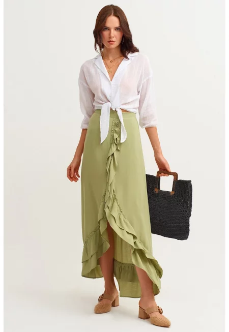 Дълга надиплена пола с предна цепка - Шам фъстък зелено