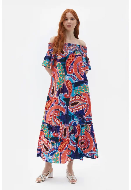 Дълга рокля с голи рамене - Червен/Зелен/Син