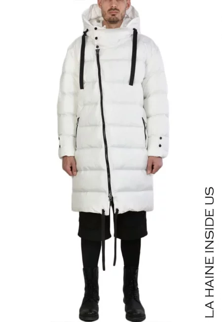 Дълго уголемено яке с качулка - закопчаване с цип с двоен плъзгач - Бял