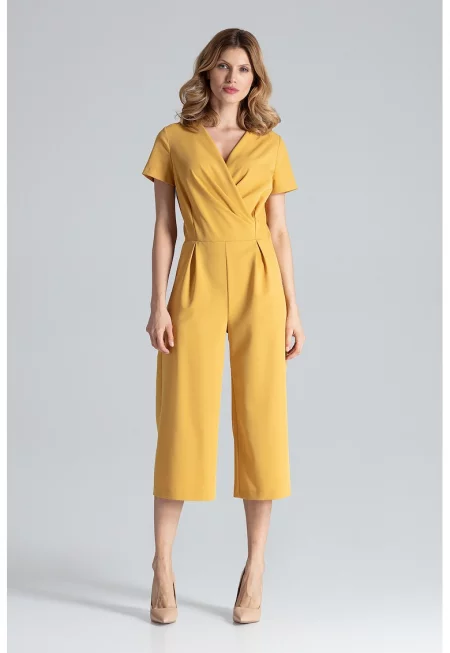 Дамски гащеризон -  цвят горчица - широки панталони - къс ръкав - 65% полиестер - 35% вискоза