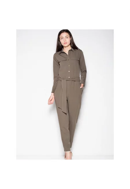 Дамски гащеризон  зелен - дълъг ръкав - яка - връзка на талията - полиестер-вискоза -