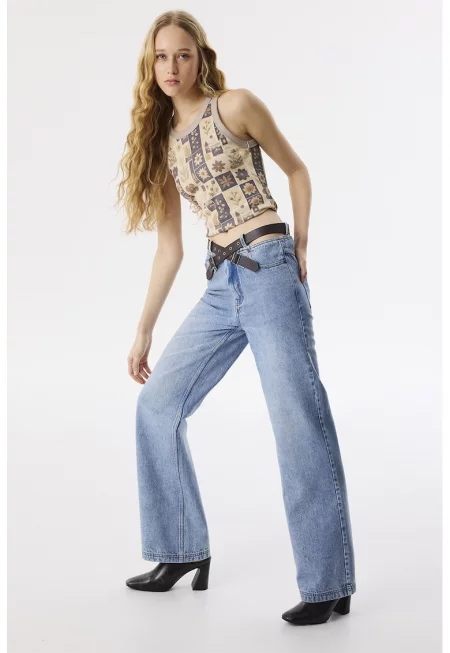 Дънки с колан и отвори - Син