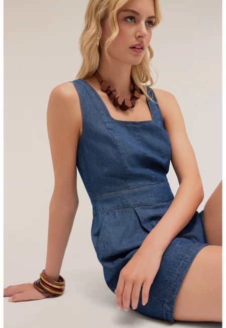 Дънков къс гащеризон с квадратно деколте - Тъмносин