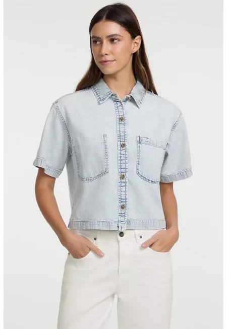 Дънкова риза със захабен ефект - Ледено синьо