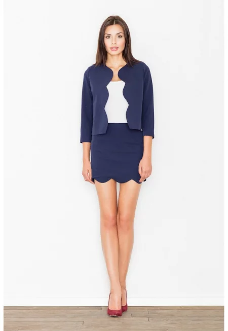 Елегантен тъмносин комплект на  със сако и пола - 3/4 ръкави - полиестер и вискоза