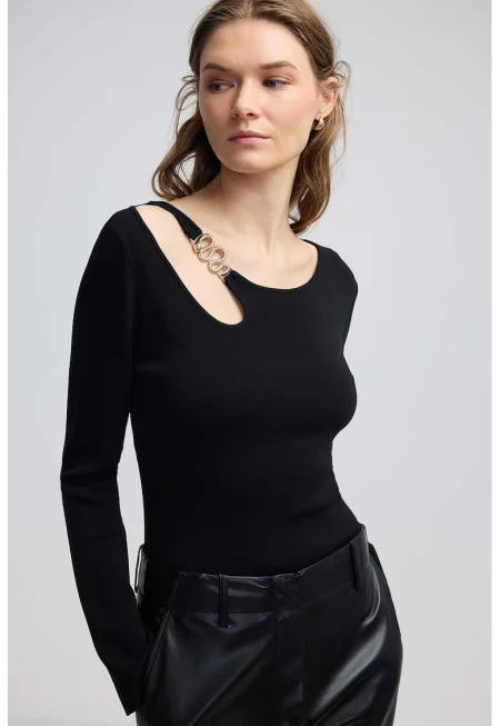 Фино плетена блуза с отвор - Черен