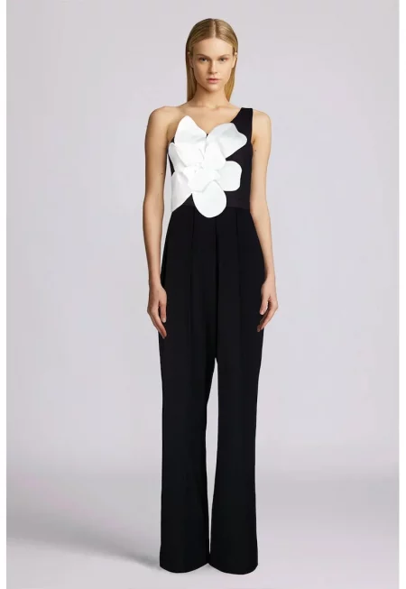 Гащеризон с едно рамо и детайл цвете отпред - Черен
