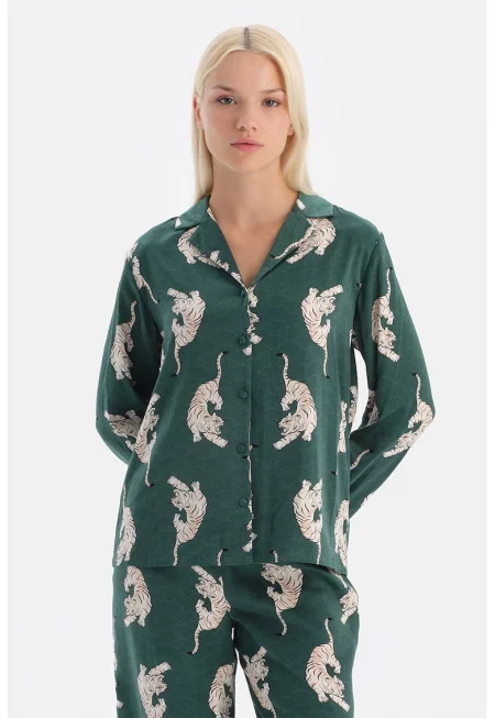 Горна пижама с копчета и принт - Зелен - Слонова кост -