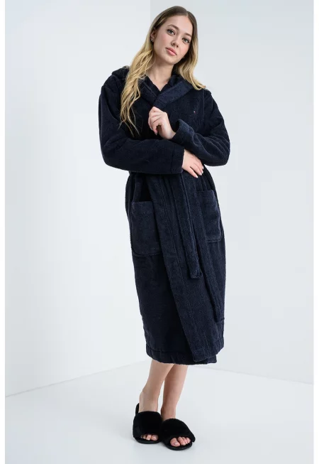 Халат за баня с органичен памук и качулка - Тъмносин
