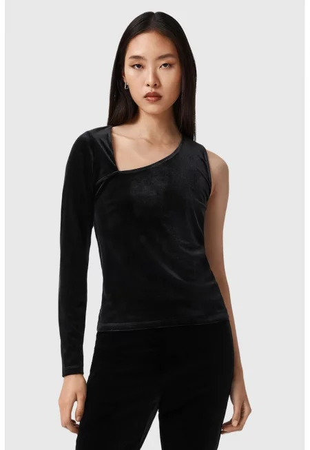 Кадифена блуза с голо рамо - Черен