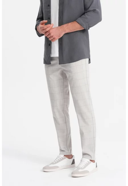 Кариран панталон със странични джобове - Светлосив меланж