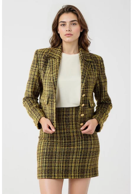 Карирано сако от туид - Черен/Жълт/Каки