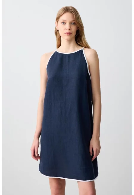 Къса ленена рокля - Тъмносин/Син