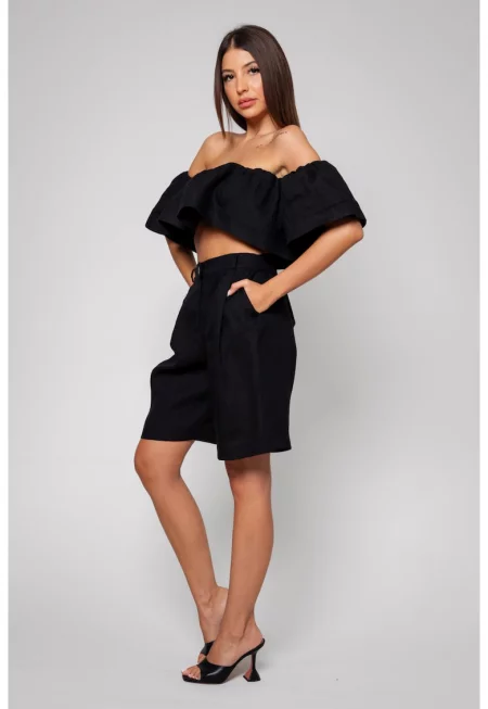 Комплект топ и къси панталони от 100% ЛЕН Черен 13595