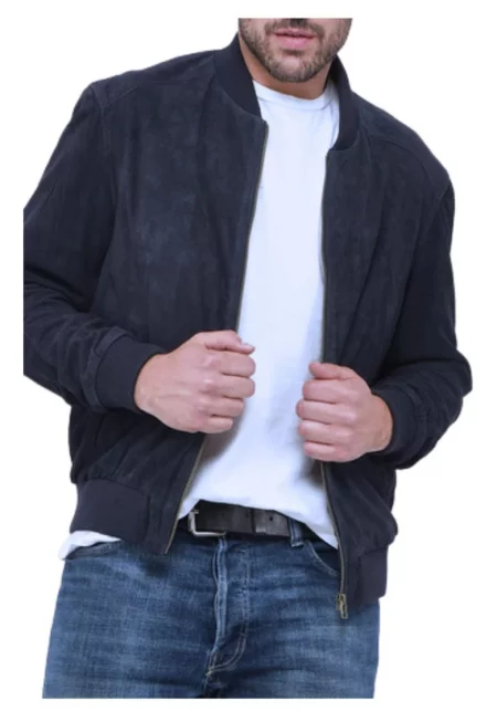 Кожено яке от набук  тъмносиньо - дълъг ръкав - стилна яка - комплект от 1 част -