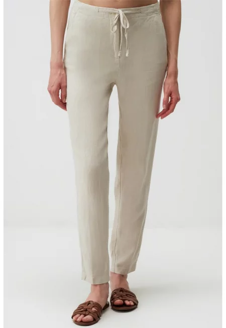 Ленен панталон с регулируема талия - Светло бежово