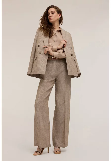 Ленен панталон с широк крачол - Сиво-кафяв