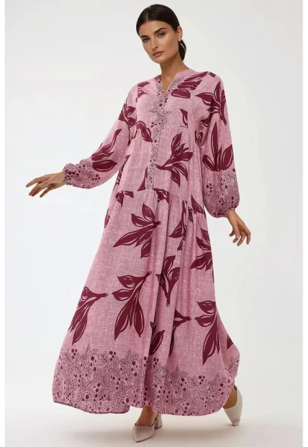 Макси рокля -  щампа - розово - вискоза