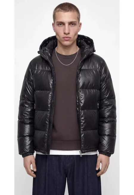 Мъжко яке - PUFFER - с фиксирана регулируема качулка с връзки - Regular fit - SHINY - Черен