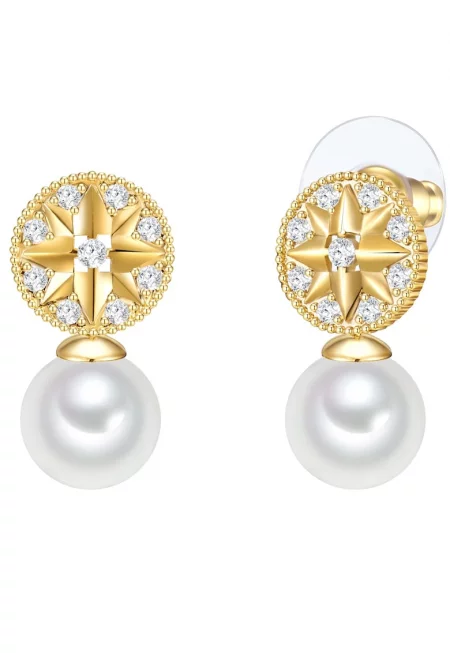 Обеци с 14К злато - синтетични перли и кристали - Златист