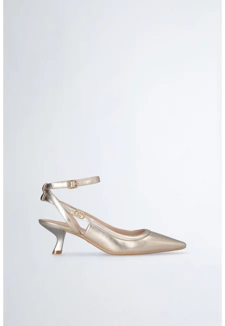 Обувки от еко кожа с отворена пета и котешки ток - Златист