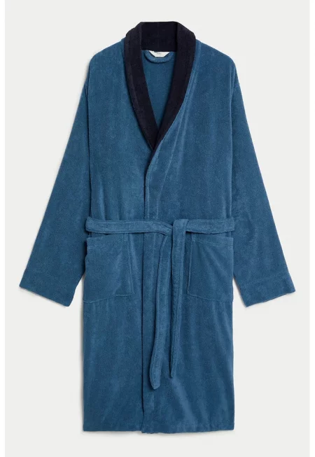 Памучен халат с връзка на талията - Петролно синьо