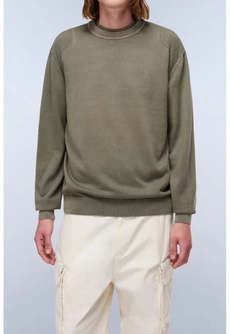 Памучен пуловер с овално деколте - Каки