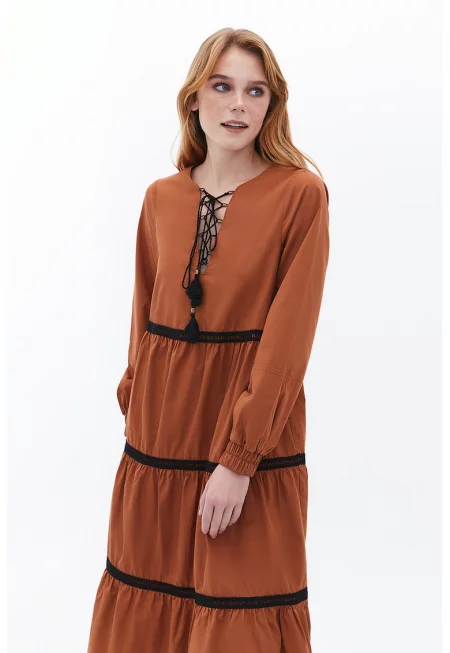 Памучна разкроена рокля - Кафяв