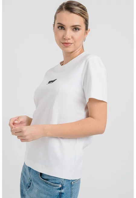 Памучна тениска с овално деколте - Избеляло черно/Бял