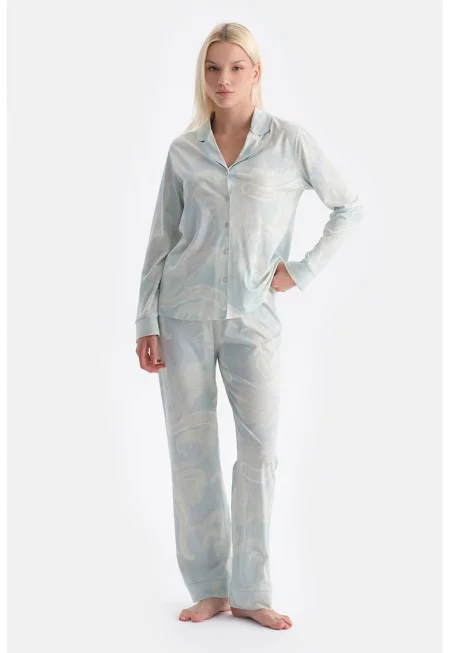 Пижама с модал и памук - Небесносин/Мръснобял