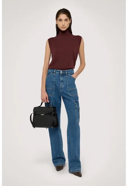 Плетен елек с вълна с поло - Коняк кафяв