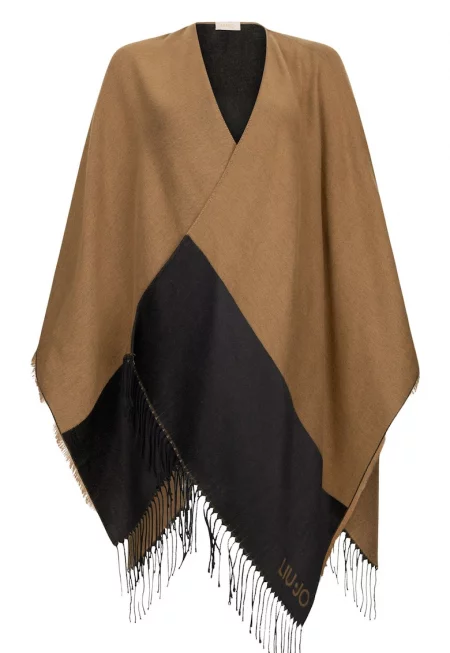 Пончо с ресни и цветен блок - Камел