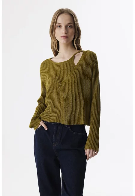 Пуловер с асиметрично деколте - Маслинено зелено