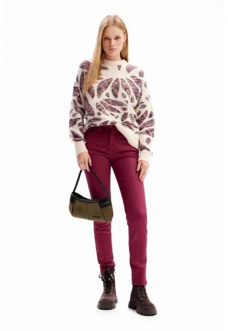 Пуловер с овално деколте - Бледочервен/Мръснобял