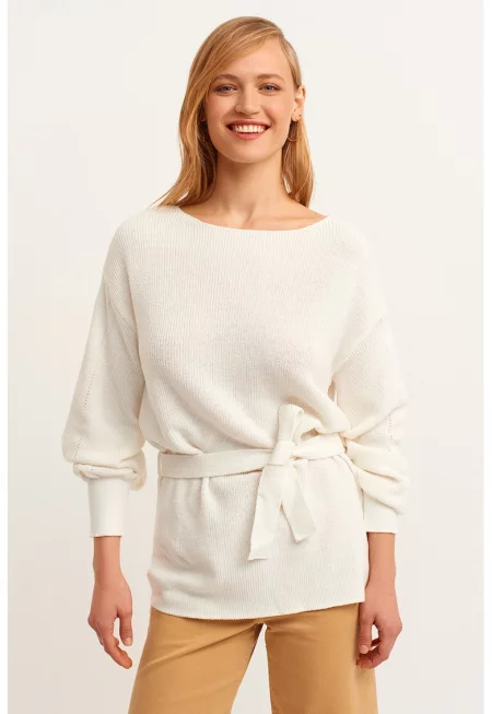 Пуловер с памук с овално деколте - Мръснобял