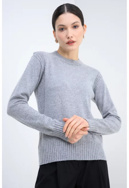 Пуловер с вълна - Сив меланж/Сребрист