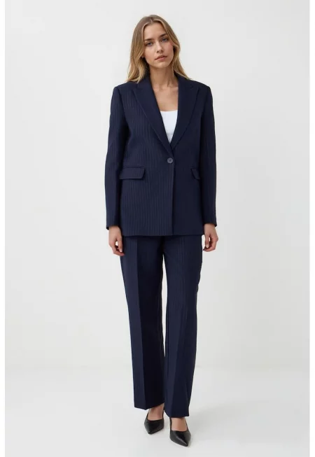 Раиран прав панталон с вертикален ръб - Тъмносин