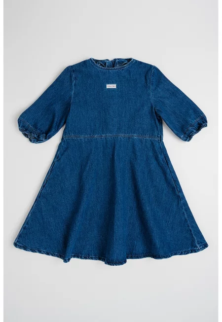 Разкроена дънкова рокля с овално деколте - Тъмносин