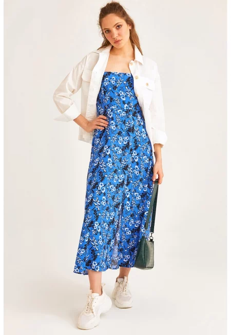 Разкроена миди рокля с десен - Черен/Кралско Синьо/Бял