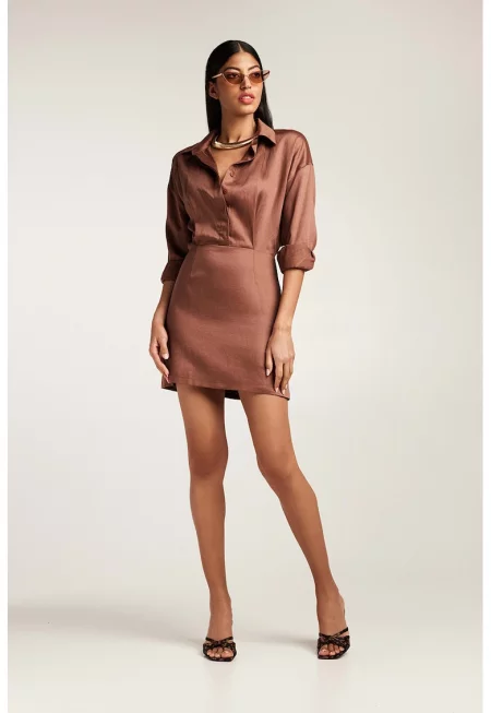 Рокля-риза с лен - Коняк кафяв