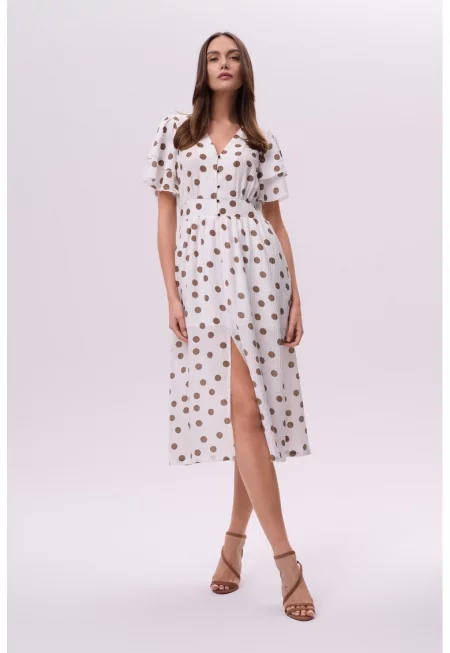Рокля с къси ръкави и точки - Бял/Кафяв