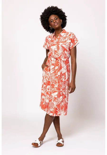 Рокля с принт и колан - Корал/Мръснобял