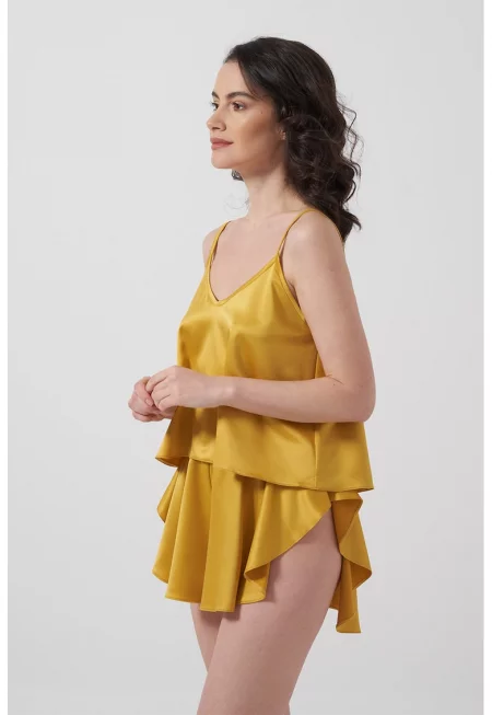 Сатинирана къса пижама с шпиц - Златист