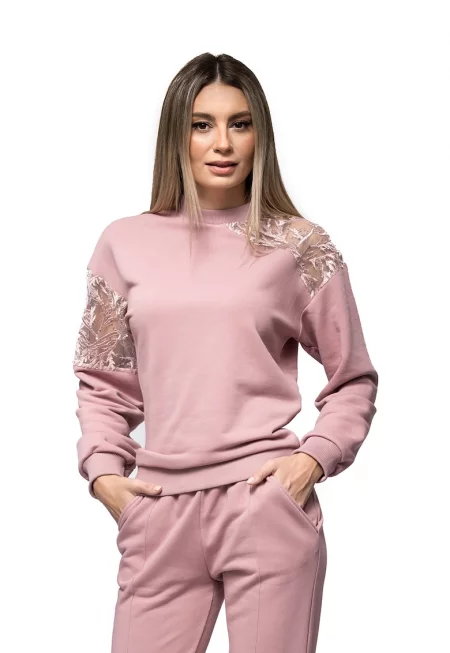 Суитшърт Tania с дантела и бродерии - Розово