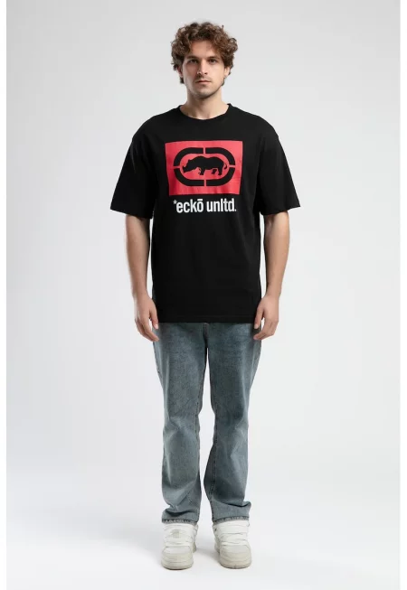 Тениска с овално деколте и лого - Червен/Черен/Мръснобял