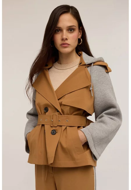 Тренч с дизайн 2 в 1 и отделяща се качулка - Канелено кафяво/Сив меланж
