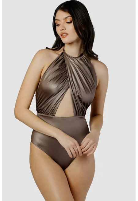 Цял бански със застъпен дизайн - Светлокафяв