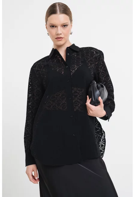 Уголемена ажурена риза - Черен
