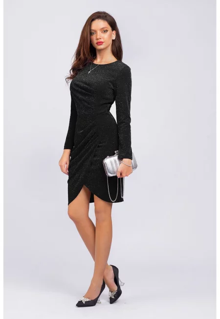 Вталена бляскава рокля с дълги ръкави - Черен/Сребрист