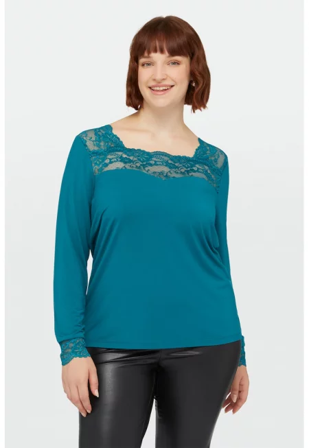 Блуза с модал с дантела - Тюркоаз